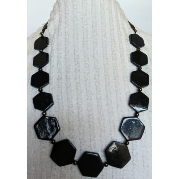 Express Signed Black Geometric Hexagon Statement Necklace 28-30 in - Picture 5 of 10